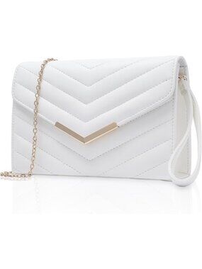 Women's White Quilted Clutch Purse Envelope Chain Strap Evening Handbag